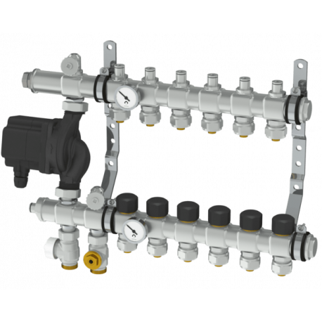 Интегрированный коллектор Thermotech из нержавеющей стали со встроенным смесительным узлом на 10 контуров. 56210